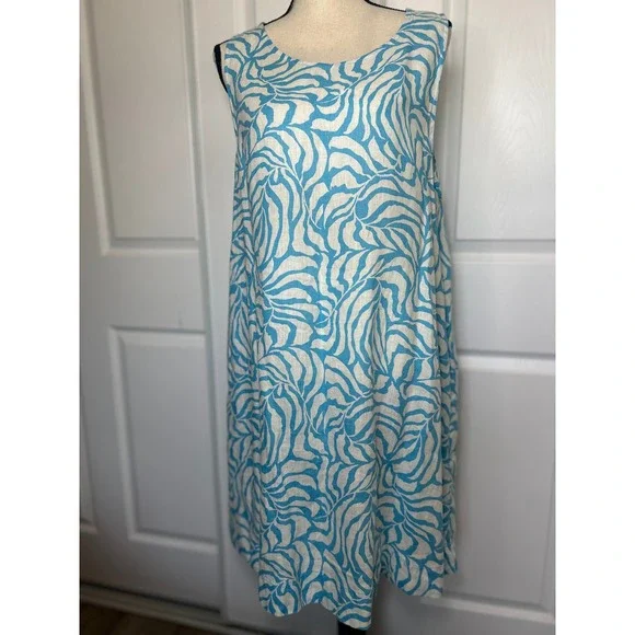 NWT Tahari 100% Linen Shift Dress XL Sleeveless Blue White Leaf Casual  Sundress